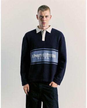 Pull&Bear Polohemd aus wildleder mit langen ärmeln und grafik - Blau