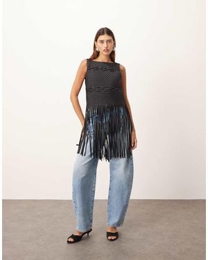 ARRANGE Lattice Handwoven Top With Fringe Hem - Black