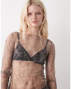 Weekday Sheer Mesh Slash Neck Long Sleeve Top - Brown