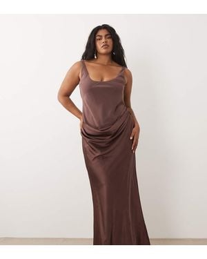 ASOS Asos Design Curve Deep Scoop Neck Maxi Dress With Asymmetric Draped Skirt Overlay - Brown