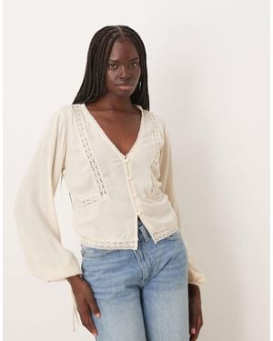 ASOS Textured Long Sleeve Lace Insert Blouse - Natural