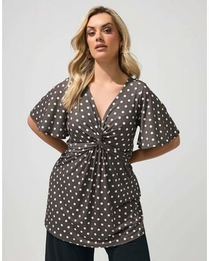 Yours Clothing Polka Dot Knot Front Top - Grey