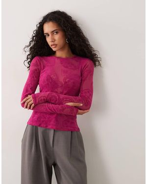 AFRM Kaylee Velvet Flocked Mesh Crew Neck Long Sleeve Tee - Red