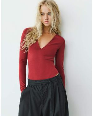Pull&Bear V-Neck Bodysuit - Red