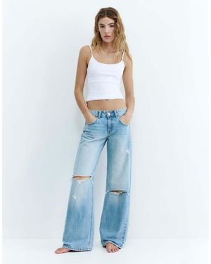 Pull&Bear Ripped Low-Rise Straight Leg Jeans - Blue