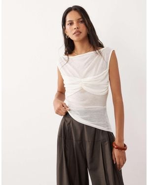 ASOS Soft Semi Sheer Cap Sleeve Top With Ruched Bust Overlay - White