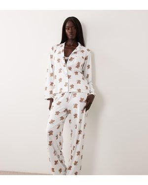 Loungeable Tall Christmas Rever Button Up Shirt And Trouser Pyjama Set - Natural