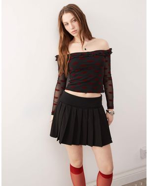 Motel Nihal Flocked Lips Print Bardot Top - Black