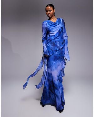 DASKA Chiffon High Cowl Neck Frill Detail Maxi Dress - Blue