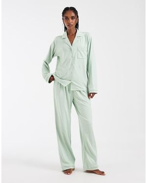 Loungeable Super Soft Jersey Revere Top And Wide Leg Pyjama Set - Green