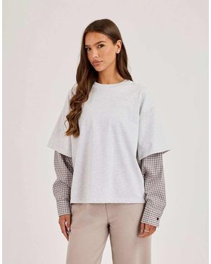 CERNUCCI Oversized Layered Check Sleeve T-Shirt - White