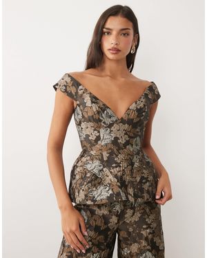 ASOS Floral Jacquard Off Shoulder Top - Green