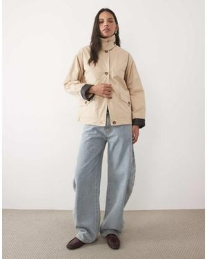 New Look Funnel Neck Faux Leather Trim Barn Jacket - White