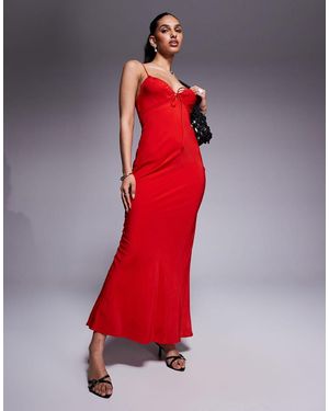 Princess Polly Satin Lace Trim Tie Front Maxi Dress - Red
