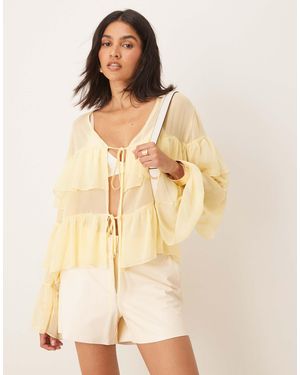 ASOS Chiffon Tie Front Ruffle Blouse - Natural