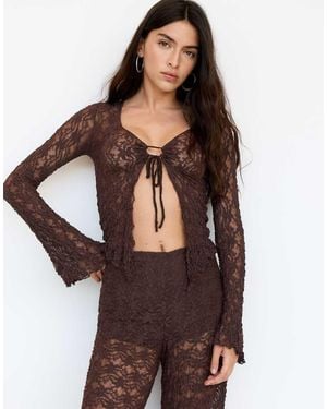 Pull&Bear Lace Top With Front Tie - Brown