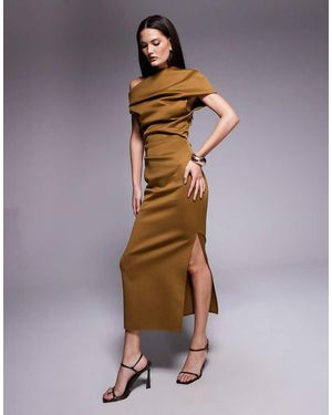 ASOS Structured Scuba Midi Dress With Fallen Shoulder - Brown