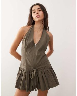 Monki Halter Tie Neck Corset Dress With Zip Front Detail - Multicolour