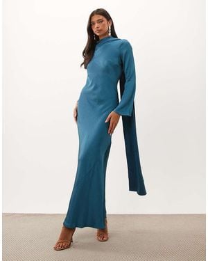 TFNC London Satin Scarf Detail Bias Maxi Dress - Blue