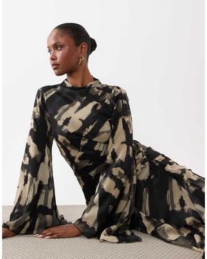 ASOS Long Sleeve High Neck Maxi Dress With Ruffle Godets And Flute Sleeves - Black