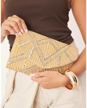 True Decadence Beaded Envelope Clutch With Crossbody Strap - Metallic