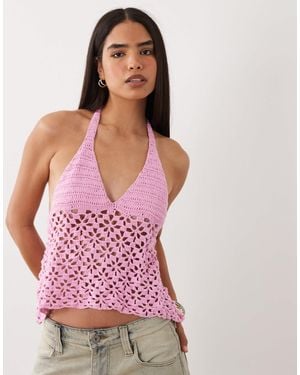 Kiwi & Co Handknit Flower Crochet Halterneck Open Back Top - Pink