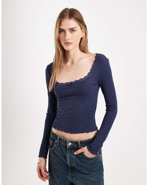Miss Selfridge Long Sleeve Square Neck Rib Top - Blue