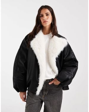 ASOS Leather Look Bomber Jacket With Cream Faux Fur Waterfall Colar - Black