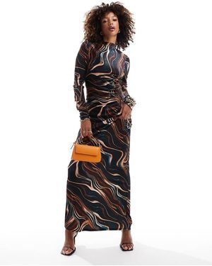 DASKA Vestido Largo Con Cuello Alto Y Estampado Oscuro Marmoleado De -Gris - Negro