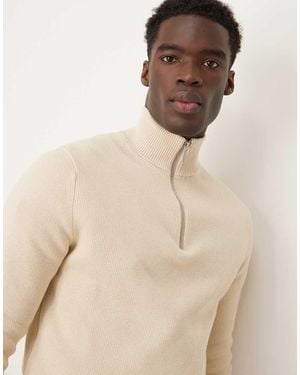 SELECTED 100% Cotton Knitted Half Zip Jumper - Natural