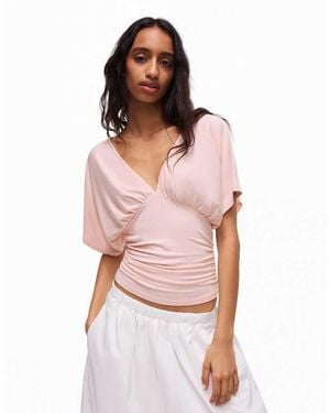 Bershka Ruched V-neck T-shirt - Pink