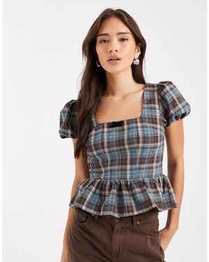 Daisy Street Ruffle Peplum Waist Puff Sleeve Blouse - Grey