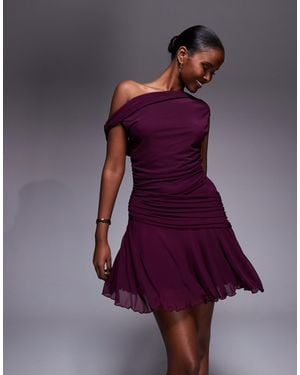 Aria Cove Mesh Drape Off The Shoulder Ruffle Hem Mini Dress - Purple