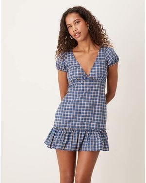 Motel Marika Tartan Check Mini Dress - Blue