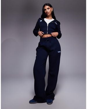 Kaiia Cotton Rich Logo Ribbed Waistband Wide Leg Star Logo Jogger Co-Ord - Blue