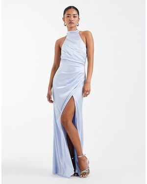 TFNC London Bridesmaid Satin Halter Neck Pleat Detail Maxi Dress - White