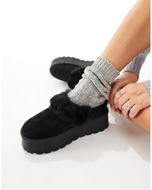 SEQWL Faux Fur Flatform Mules - Black