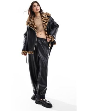 Miss Selfridge Faux Leather Aviator With Leopard Contrast Faux Fur - Black
