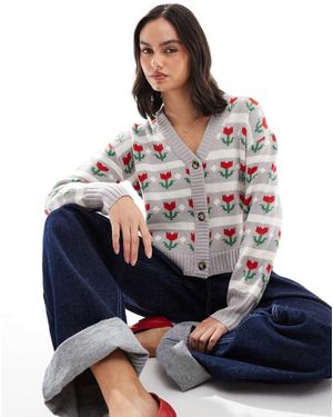 Wednesday's Girl Cárdigan Color Crema Con Diseño De Flores De Intarsia De -Blanco - Azul