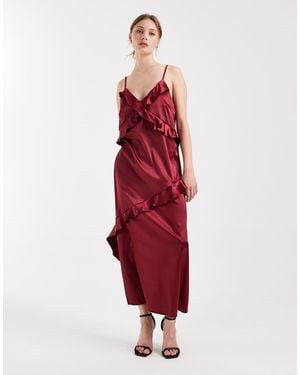 Object Satin Ruffle Trim Cami Maxi Dress - Red