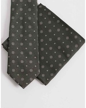 ASOS Vintage Flower Pattern Tie And Pocket Square - Grey
