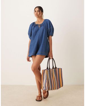 ASOS Soft Denim Playsuit With Balloon Sleeves - Blue