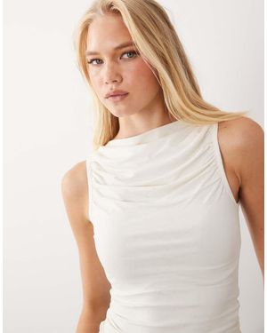 Miss Selfridge Ruched Front Slash Neck Top Cream - White