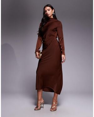 ASOS Long Sleeved High Neck Pleated Bodice Midi Dress - Brown