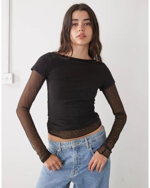 Monki Sheer Rhinestone Sleeve Top - Black