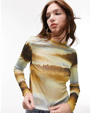 TOPSHOP Landscape Long Sleeve Mesh Top - Multicolor