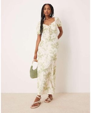 ASOS Scalloped Collar Puff Sleeve Seam Detail Midi Tea Dress - Natural