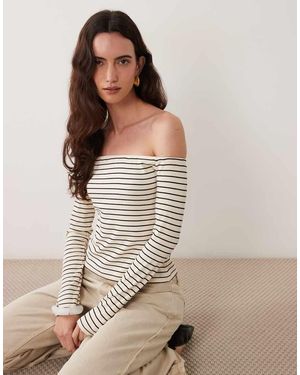 ASOS Top Met Blote Schouders En Lange Mouwen Met Zwarte En Ecru Strepen - Meerkleurig