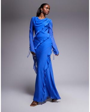 DASKA Chiffon High Cowl Neck Frill Detail Maxi Dress - Blue