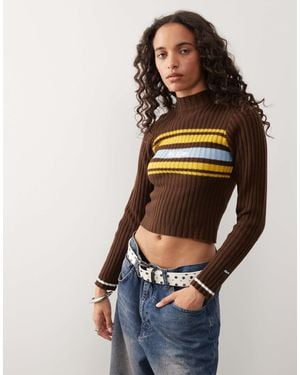Kickers High Neck Retro Striped Jumper - Brown